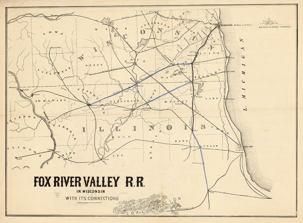 Fox River Valley R.R. in Wisconsin With Its Connections This hand-colored map shows southern Wisconsin and northern Illinois and indicates county boundaries, larger cities, and some drainage. The line was chartered in 1852 and constructed in 1854.