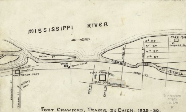 This map is ink on cardboard and shows the location of military forts over the course of years. Also shown are points of interest, streets, the Mississippi River, and Marais De St Feriole.
	