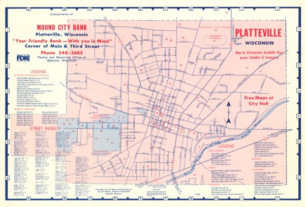 This street map was given out by Mound City Bank and features a legend of points of interest and a street index. Streets are labeled as is the Roundtree Branch of the Little Platte River. The map appears in red, white, and blue.