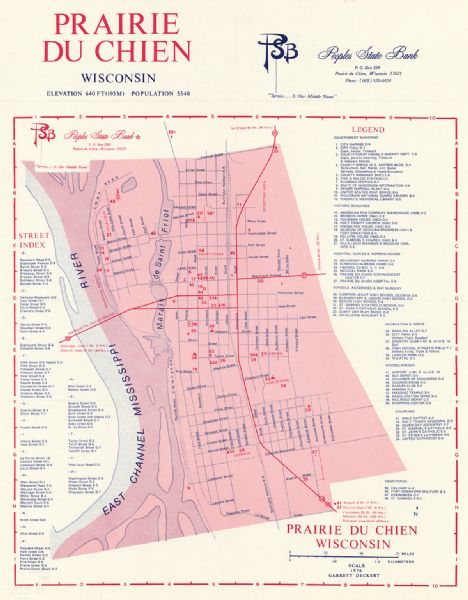 Prairie du Chien, Wisconsin This map includes an index of streets, government and historic buildings, hospitals, schools, places of recreation, churches, cemeteries, and other miscellaneous buildings and points of interest. This map was likely given out by People's State Bank.