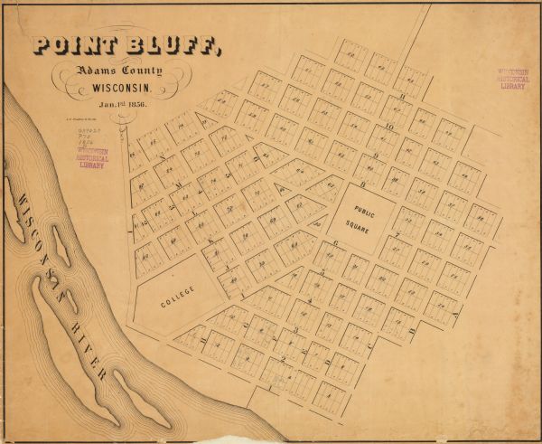 This map is mounted on cloth and shows lots, as well as location of the public square and college. Streets are labeled as is the Wisconsin River.