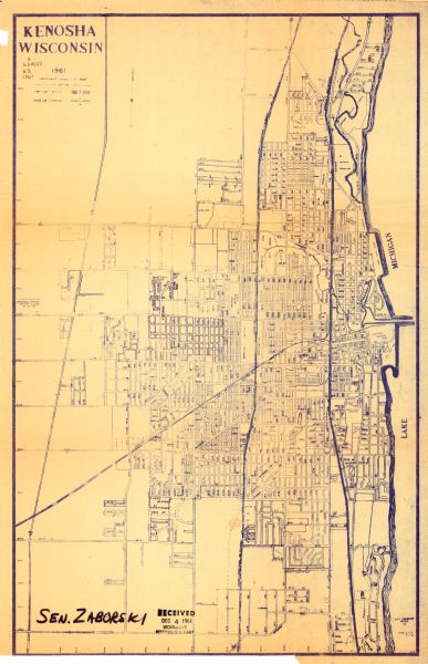 This is a photocopy of a map in blue line print that shows streets and places of interest. Inscribed in pen, at the bottom of the map, reads: "Sen. Zaborski." Lake Michigan is labeled as are streets.