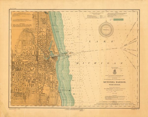 This map is a survey of Kenosha Harbor and shows local streets, public buildings, local businesses, and part of Lake Michigan. Included is text on sailing directions, lake and harbor descriptions, an explanation on abbreviations, authorities, and notes on latitude and longitude, land contours, soundings, water and water depth. At the head of the title, the map reads: "Survey of the Northern and Northwestern lakes : Made in obedience to Acts of Congress and orders from Headquarters Corps of Engineers, U.S. Army."