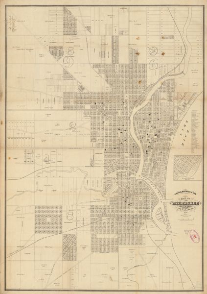 This map shows lot and block numbers, wards, roads, railroads, some landowners’ names, and selected buildings. The map includes an inset map of Glidden & Lockwood’s addition and an index of public buildings, churches, and schools. Lake Michigan and the Milwaukee River are labeled. There is an error in the printing with ward number 6 labeled as "9" (upper right) and 9 labeled as "6" (upper left).