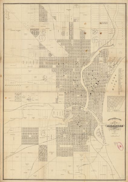 Map of Milwaukee This map shows lot and block numbers, wards, roads, railroads, some landowners’ names, and selected buildings. The map includes an inset map of Glidden & Lockwood’s addition and an index of public buildings, churches, and schools. Lake Michigan and the Milwaukee River are labeled. There is an error in the printing with ward number 6 labeled as "9" (upper right) and 9 labeled as "6" (upper left).