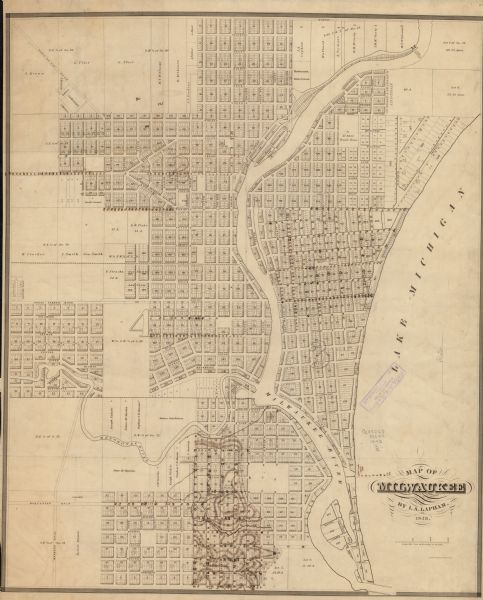 This map shows lot and block numbers, wards, local streets, railroads, some landowners’ names, Milwaukee River, Menomonee River, and part of Lake Michigan. The map also includes extensive manuscript annotations.