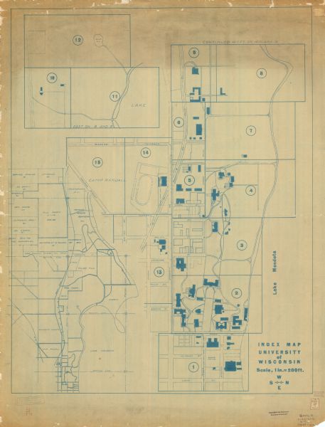 This blue print map and blue line print copy mounted on cloth shows land ownership by name, campus buildings, local streets, railroads, and part of Lake Mendota. The map lacks a key to numbered areas. North is oriented to the right.