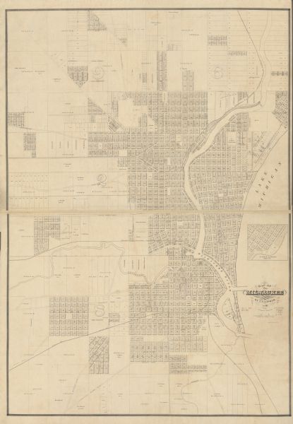 This map shows lot and block numbers, wards, roads, railroads, some landowners’ names, and selected buildings. Lake Michigan, the Milwaukee River, and Glidden & Lockwood’s addition are labeled. An index includes public buildings, churches, and schools. Notably, this map differs from an earlier 1857 map by correctly labeled wards 6 (upper right) and 9 (upper left), as well as inclusion of Kane’s Addition along border in upper right, Malory & Kern’s Addition in upper left, Parmer & Co’s Addition at right along Spring Street Road, etc.