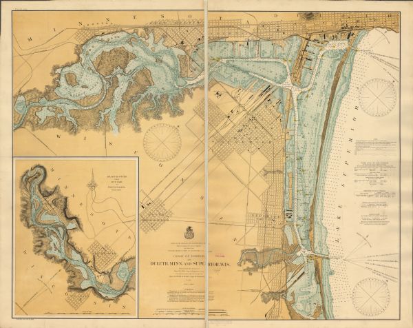 This map shows streets, industrial buildings, a portion of Lake Superior and other lakes, bays, and rivers in portions of Duluth and Superior. Relief is shown by hachures; depths are shown by tints, soundings and isolines. The map is continued by an inset that shows the St. Louis River from Mud Lake to foot of rapids. Also included are notes on the water levels of Lake Superior, dry docks at West Superior, opening and closing of navigation and abbreviations of lights and buoys.  North is oriented to the upper right. The lower left of the map reads: "Prepared under the direction of Major W.L. Fisk Corps Engineers, U.S.A, from surveys made under the direction of Major Clinton B. Sears, Corps of Engineers, U.S.A., in 1901."

