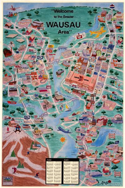 This pictorial map shows roads, bridges, local businesses with phone numbers, and public buildings. Relief is shown pictorially. Also 
included is a calendar for 1988-1989.