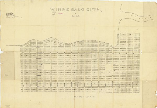 This plat map is pen-and-ink on tracing paper and shows a paper city planned in the late 1830's located on the shore of Swan Lake, Columbia County, Wisconsin. Included is an illustration of buildings in the upper left corner.
