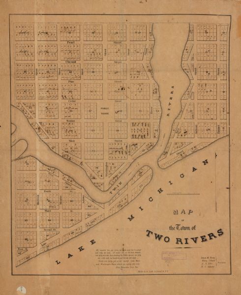 This map shows lot and block numbers, streets, and the public square. The bottom right margin reads: "Robert M. Eberts, Henry S. Baird, A.G. Ellis, R.S. Satterlee-proprietors." Also included are manuscript annotations showing sold lots.