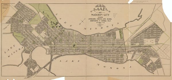 Map of Madison City : Showing Approaches, Streets, Lots, Blocks, Subdivisions, and General Plan This map shows shows streets, subdivisions, railroads, places of interest including the State Capitol, the University of Wisconsin, Camp Randall, Henry Vilas Park, and Lakes Mendota, Monona, and Wingra.