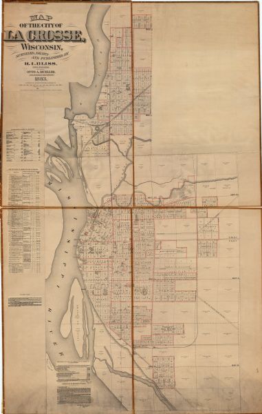 This map shows ward boundaries, names of additions, streets, bridges, mills, schools, religious buildings, businesses, hotels, railroads, factories, breweries, cemeteries, fair grounds, parks, mills, government buildings, American Express office, La Crosse Steam Marble Works, social halls, St. Michaels Orphan Asylum, Stevens Reserve, Tivoli Gardens, Centennial Gardens, Taylor’s Island, Broken Arrow Island, Isle La Plume, La Crosse River, Mississippi River, and the Black River. Plat additions outlined in red. The map also includes insets: Alphabetical Index to Additions, List of Plats in Order of Date of Record, List of Vacated plats, Description of Lands and a Certificate of Register of the United States Land Office, and a Certificate of the Register of Deed of La Crosse, with several exceptions, of map accuracy.