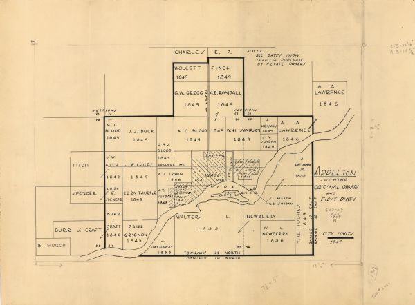 This map is ink and pencil on paper and shows land ownership by name, years of purchase, and city limits. Also included on the right and bottom margins are manuscript notations.