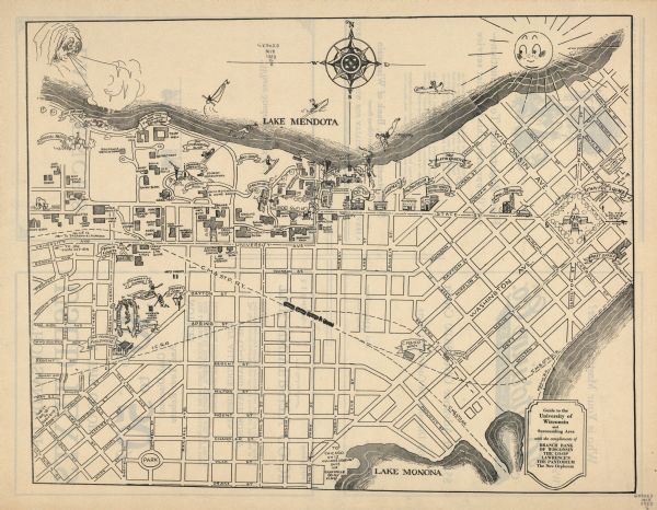 This map includes illustrations and shows campus buildings, points of interest in the surrounding area, railroads, Lake Mendota and Lake Monona. The back of the map shows advertisements.