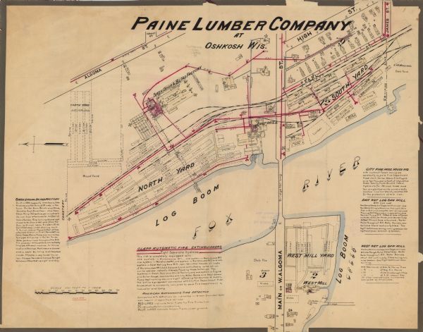 This map shows building use, railroads, tramways, lumber yards, roads, watchman’s stations, and steam pipes. Also included is text about buildings, Clapp automatic fire extinguishers, and American watchman’s time detector. Lines colored in red ink indicate Water pipes for fire protection.