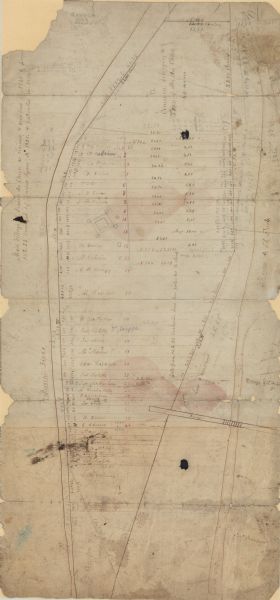 This plat map shows landowners, the Mississippi River, the Marais de St. Friole, and an old fort. The left margin reads: "Part of the Main Village of Prairie du Chien Wis. As claimed and occupied in 1820."