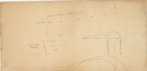 This map shows farm lots and private land claims on Prairie du Chien.  The bottom left margin reads: "Part of sec. 1, T6 N, R 7W and sec. 36, T 7N, R 7W. Showing the old or main village and farm lot nos. 33, 34, 35, 36, and 37 of the private land claims on Prairie du Chien."