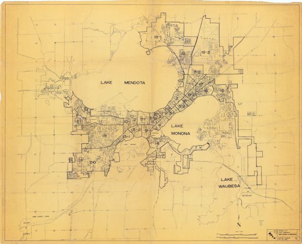 This map shows wards and precincts by number, local streets, roads, parks, Shorewood Hills, Maple Bluff, Middleton, Verona, McFarland, Monona, Truax Field, Lake Mendota, Lake Monona, Lake Wingra, and Lake Waubesa.  The bottom right margin reads: "Master planning, July 21, 1959. K.R.W."
