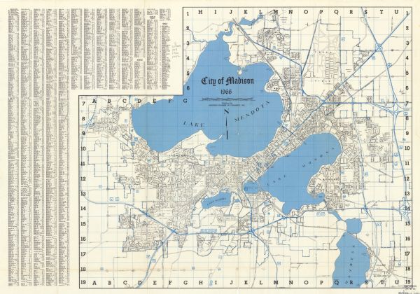 This map shows streets, highways, railroads, parks, colleges, cemeteries, county clubs, University of Wisconsin, Truax Field, Middleton, Shorewood Hills, Maple Bluff, Monona, McFarland, Lake Mendota, Lake Monona, Lake Wingra, and part of Lake Waubesa. Also included is a street index and index to points of interest.
The map reads: "No portion of this map to be reproduced without permission of the City of Madison Engineering Department."