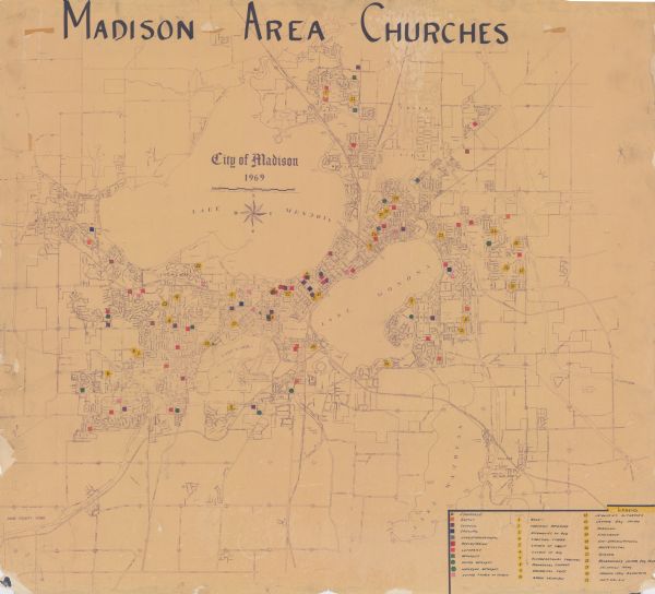 This map is pen and ink on paper and shows the location of churches, local streets, railroads, parks, Middleton, Shorewood Hills, Monona, Maple Bluff, McFarland, Truax Field, Lake Mendota, Lake Monona, Lake Wingra, and Lake Waubesa. Also included is a legend of church denominations, denominations are color coded, and church names are numbered. Synagogue (green triangle), Baptist (orange square), Catholic (purple square), Episcopal (blue square), Interdenominational (gray square), Presbyterian (dark red square), Lutheran (light red square), Methodist (green square), United Methodist (green circle), Wesleyan Methodist (green hexagon), United Church of Christ (pink triangle).
