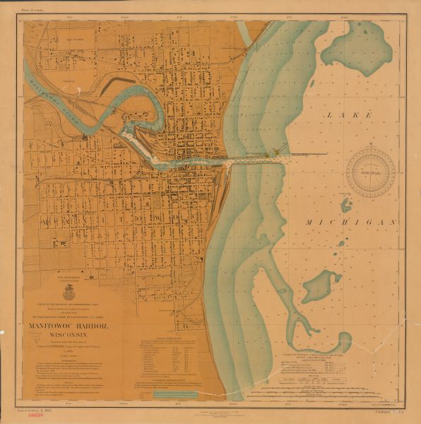 This map shows a plat of the city, local streets, railroads, public buildings, local businesses, and parts of the Manitowoc River and Lake Michigan. Relief is shown by contours and hachures and depths are shown by soundings in feet. Also included is text on sailing directions, harbor improvements, explanation on authorities, and notes on soundings, water levels, and water depth.  Margin text includes: "Issued October 5, 1905," "Catalogue No. 819," "On sale at U.S. Lake Survey Office, Detroit, Michigan," and "Aids to navigation corrected from information received to December 9, 1907."
