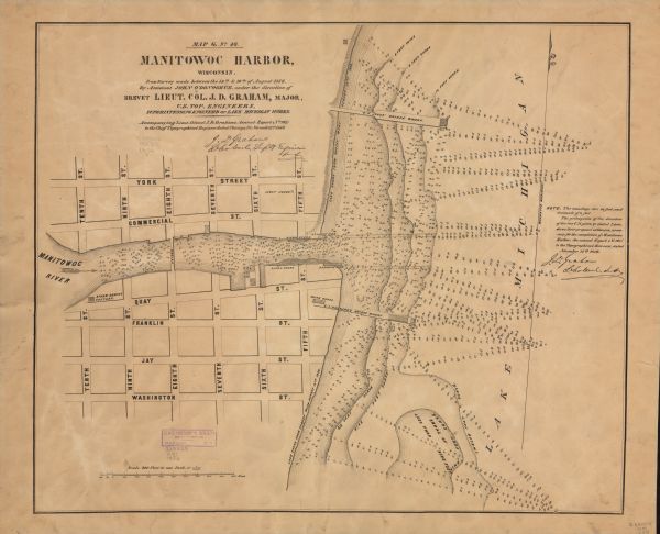 This map shows the Manitowoc River, Lake Michigan, streets, and buildings. Relief is shown by hachures and soundings are in feet and decimals of a foot. The top of the map reads: ""Map G. No. 46. Accompanying Lieut. Colonel J.D. Graham’s annual report (no. 161) to the Chief Topographical Engineer, dated Chicago, November 15th 1856."