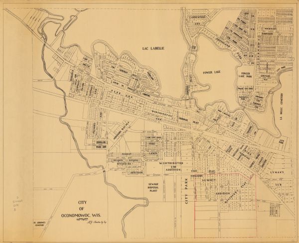 This map is a photocopy and shows the Oconomowoc River, Flower Lake, lot and block numbers and dimensions, additions, streets, C.M.St.P.&P. Ry., T.M.E.R.&L. Co., waterways, cemeteries, and parks.  Edward's Summit Addition and Westover's Plat is outlined in red ink.