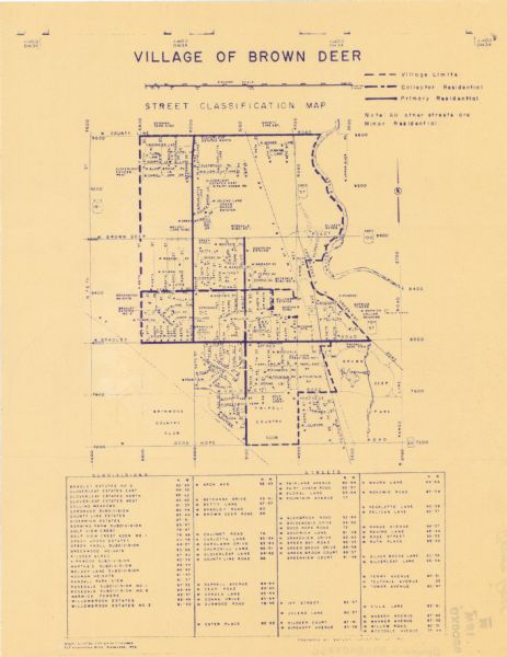 This blue print map shows village limits, collector residential streets, and primary residential streets. The upper right corner features a key to street types and the lower margin includes a street and subdivision index. Streets and the Milwaukee River are labeled. 
	