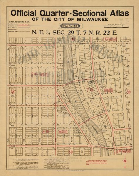 This map shows ward boundaries, lot and block numbers and dimensions, house numbers, electric car lines, steam railways, and adjoining plat numbers in a portion of Milwaukee. The map covers west to Sixth Street, east to Broadway, north to Chestnut Street, and south to Grand Avenue. Also included are footnotes describing subdivisions.