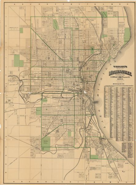 This map shows city wards, block numbers, parks, cemeteries, roads, railroads, selected buildings, and Lake Michigan. Also included are indexes to streets, public buildings, parks, etc. The right margin reads: "Copyright, 1888, by Alfred G. Wright."