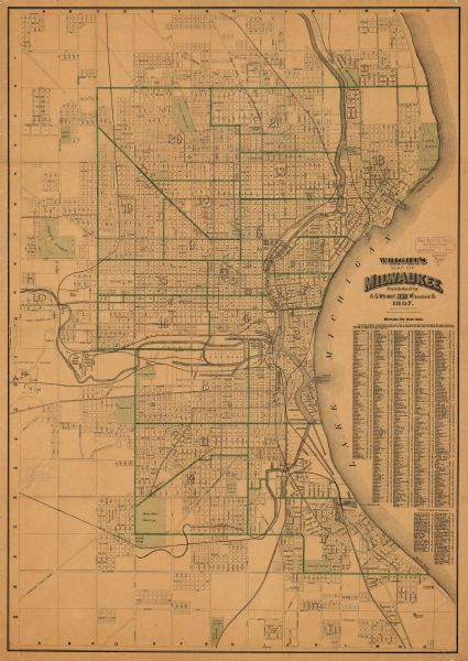 This map shows city wards, block numbers, parks, cemeteries, roads, railroads, Lake Michigan, and selected buildings. Also included are indexes to streets, public buildings, parks, etc. The right margin reads: "Copyright, 1888, by Alfred G. Wright."