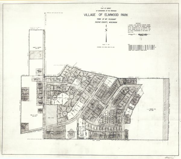 This map shows lot and block numbers and dimensions, some landownership, streets, and limits of the proposed village. The map includes certificate by the surveyor and note.