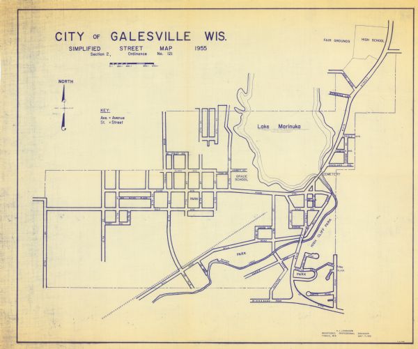 This blue line print shows streets, fair grounds, schools, parks, and a cemetery. Streets, points of interest, and Lake Marinuka are labeled. The middle left of the map contains a key. 
	
