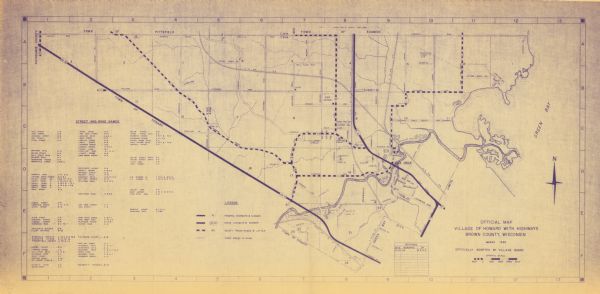This blue line print shows as of March 1960 federal, state, county, and town roads, as well as railroads, schools, churches, town hall, parks, and Brown County Conservation Club. Green Bay is labeled to the far right. The left hand side contains a list of street and road names and the middle has a legend.
	