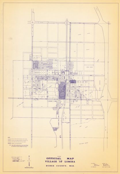 This blue line print shows lot numbers and dimensions, existing or platted streets and highways, streets and highways to be widened, future streets, and village owned property. The bottom left corner includes a legend.