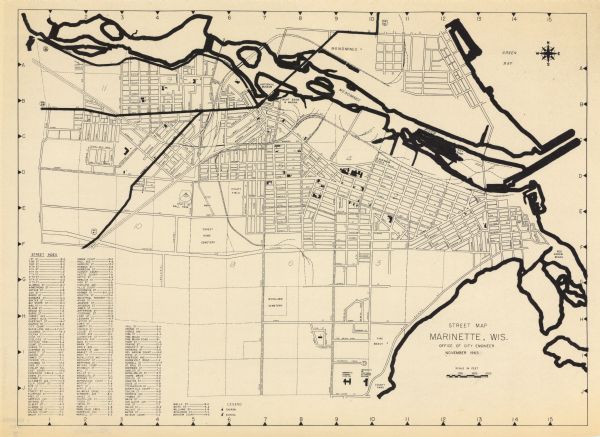 This map shows streets, churches, schools, wards, railroads, parks and fields, cemeteries, Historical Museum, Yacht Basin & Marina, and Marinette General Hospital. Also included is a street index.