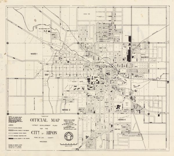 This map shows platted and proposed streets, streets to be widened, proposed pedestrian paths, lot and block numbers, city wards, public buildings, and parks. The map reads: "Adopted by the Common Council of the city of Ripon, Wisconsin by Ordinance No. 519 on the 5th day of Dec. 1961." and "Base map by Alex Kessler."