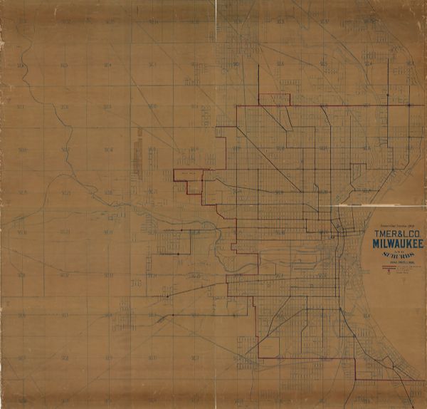 This ink on paper blue line print base map consists of eight separate pieces and shows city limits, The Milwaukee Electric Railroad & Light Company lines, limits of city fare, and transfer points. The base map shows sections, roads, railroads, canals, cemeteries, and parks. The city limits have been corrected to November 1, 1910.