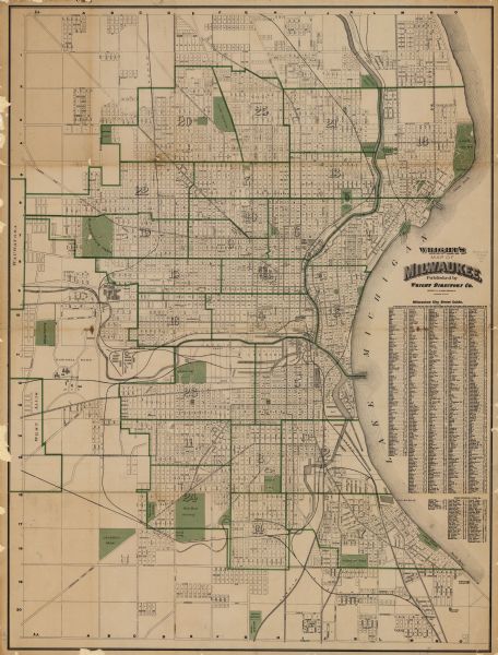 This map shows city wards, block numbers, parks, cemeteries, roads, railroads, Lake Michigan, and selected buildings. Also included are indexes "Milwaukee city street guide" and "Public buildings, parks, etc." The right margin reads: "Copyright, 1911, By Wright Directory Co."