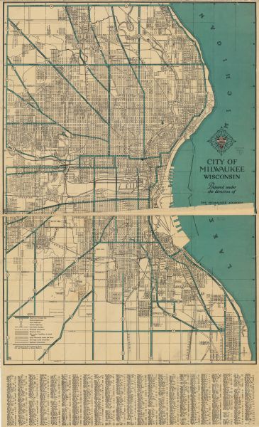 This map shows highways, roads, a proposed annexation, street car lines, bus routes, local motor bus lines, a new high speed interurban, railroads, a proposed harbor, and Lake Michigan. Also included is a street index and a key.