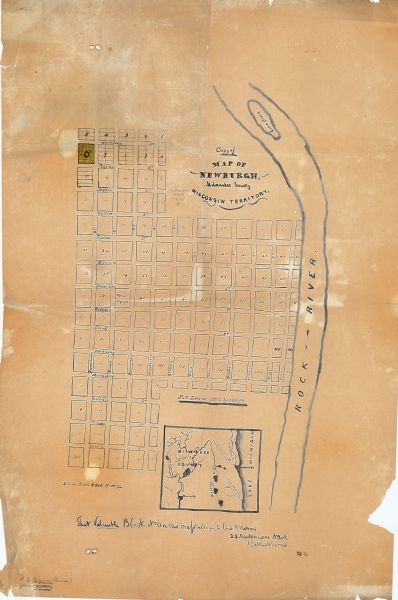 This map is ink on tracing paper and shows block numbers, streets, lot numbers of block no. 6, and a public square in Newburgh, a paper city (a city planned but never built)on the Rock River in what is now Rock County. Margin text includes: "Lith by Baker 8 Wall St NY," and "That valuable block no. 6 on this map belonging to Elias B. Watrous, 28 Maiden Lane N. York, at Calkins & Darrows’." An inset map is included that shows the location of Newburgh in Milwaukee County.