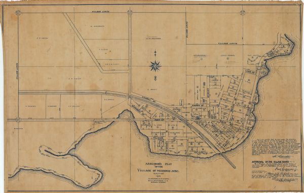 This blue line print plat map shows local streets, numbered blocks and lots, village limits, and land ownership by name. Also included are manuscript annotations in pencil.  
