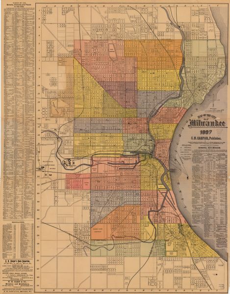 Two maps that show cemeteries, schools, engine houses, railroads, street railways, wards, roads, parks, block numbers, and Lake Michigan. One map has wards illustrated in red, yellow, green, blue, and orange. The other is a revised edition of the same map. Both maps include indexes: General References and a Table of all Streets, Avenues and Places in the city. The revised edition includes the Milwaukee Electric Street Railway new time table.