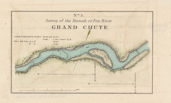 Survey of the Neenah (or Fox) River: No. 5 Grand Chute This map surveyed under the direction of Captain Thomas J. Cram is one in a series of seventeen that accompanied Cram's report on the Fox-Wisconsin river survey. Relief is shown by hachures and depths are shown by contours and soundings. The upper left corner includes a note about the river. Scale is given as 4 inches to 1 mile.