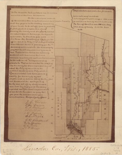 This map shows areas of Merrill, Corning, Scott, Rock Falls, Russel, Pelisan, Pine River, Ackley, and the Wisconsin River. The left margin of the map includes extensive text written by New London landowners and is signed by ten landowners. The upper right corner of the map includes information about county mileage.