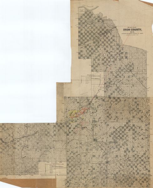 This map covers Iron and Price Counties and portions of Sawyer and Oneida Counties. The map shows vacant and sold Wis. Central Ry. land, settlers houses, schools, churches, saw mills, roads, lakes, rivers, Lake Superior, and township sections. There are manuscript annotations in red, yellow, and orange.