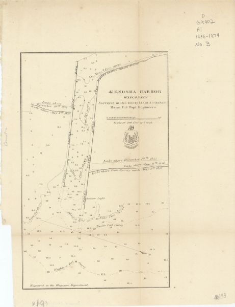 Kenosha Harbor, Wisconsin This map with north oriented toward the lower left shows the United States North and South Piers. Lake shores from 1855, 1856, and 1857 are labeled. Depths are shown by soundings and isolines.