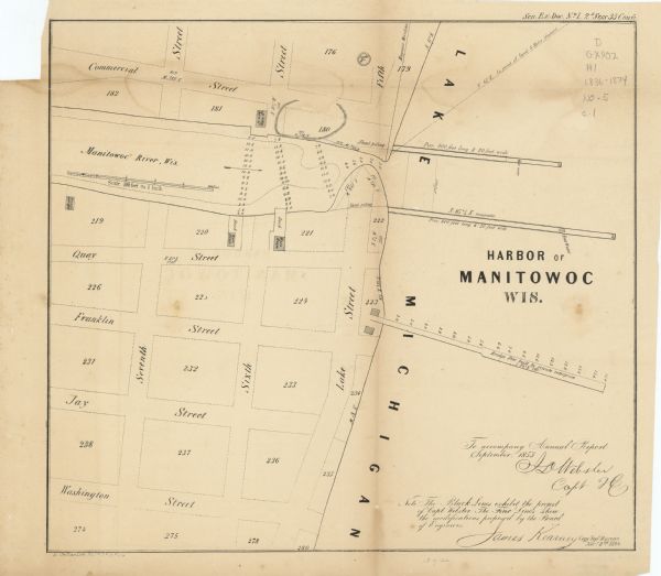 This map shows streets, docks, warehouses, and piers near the harbor. Relief is shown by hachures and depths are shown by soundings and isolines. Lake Michigan and the Manitowoc River are labeled. The top margin reads: Sen. Ex. Doc. No. 1. 2d Sess 33 Cong." The bottom margin reads: "Note The Black Lines exhibit the project of Capt. Webster. The Fine Lines show the modifications proposed by the Board of Engineers."